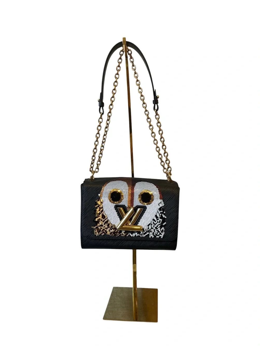 Louis Vuitton Black Shoulder Bag with Gold Chain and Owl Motif